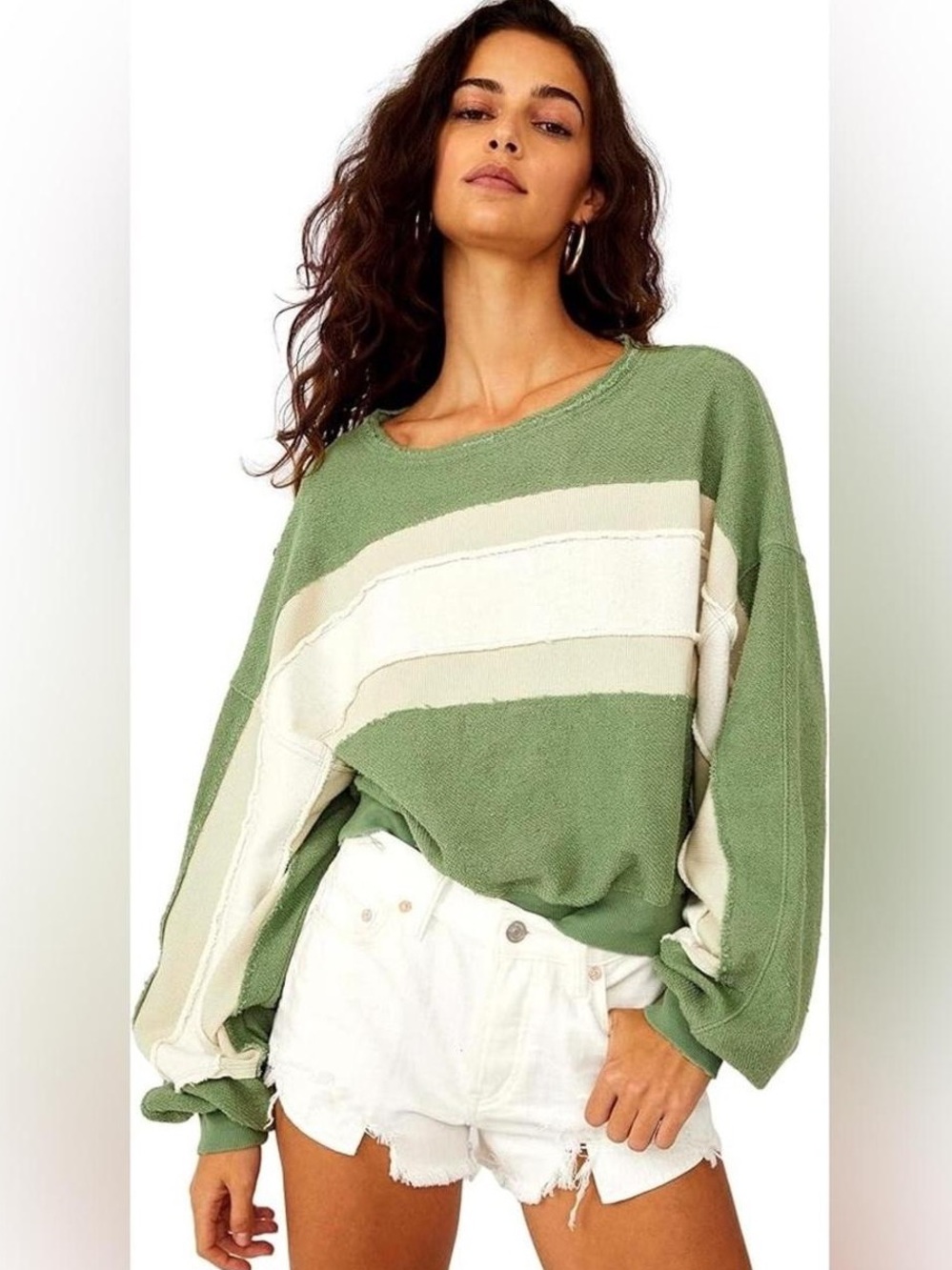 We The Free Light Green & Cream Striped Crewneck Sweatshirt/Pullover, Size M